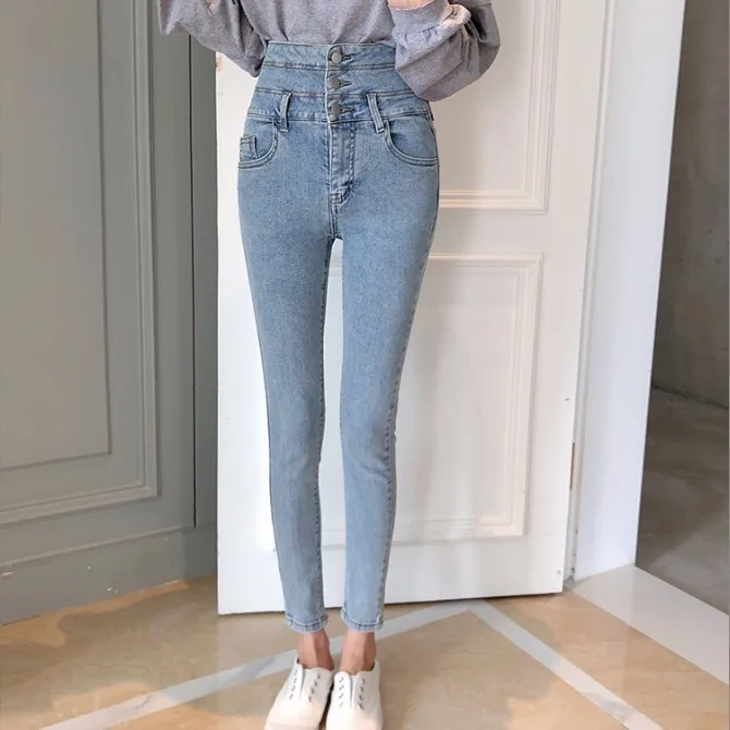 

Spring / Autumn 2021 Korean Elastic High Waist Jeans Fashion Trousers Women's Stretch Hip Slim Fit Skinny Denim Pencil Pants X17
