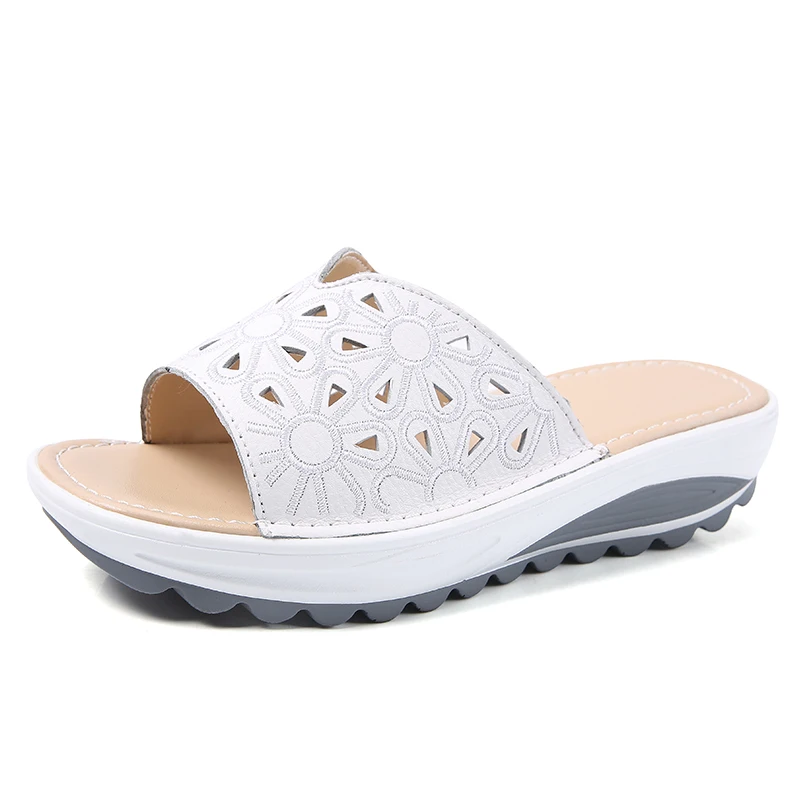 

Split Leather Slippers Women Platform Wedges Sandals Casual Outdoor Soft Woman 2020 Summer Ladies Hollow Out Beach Shoes