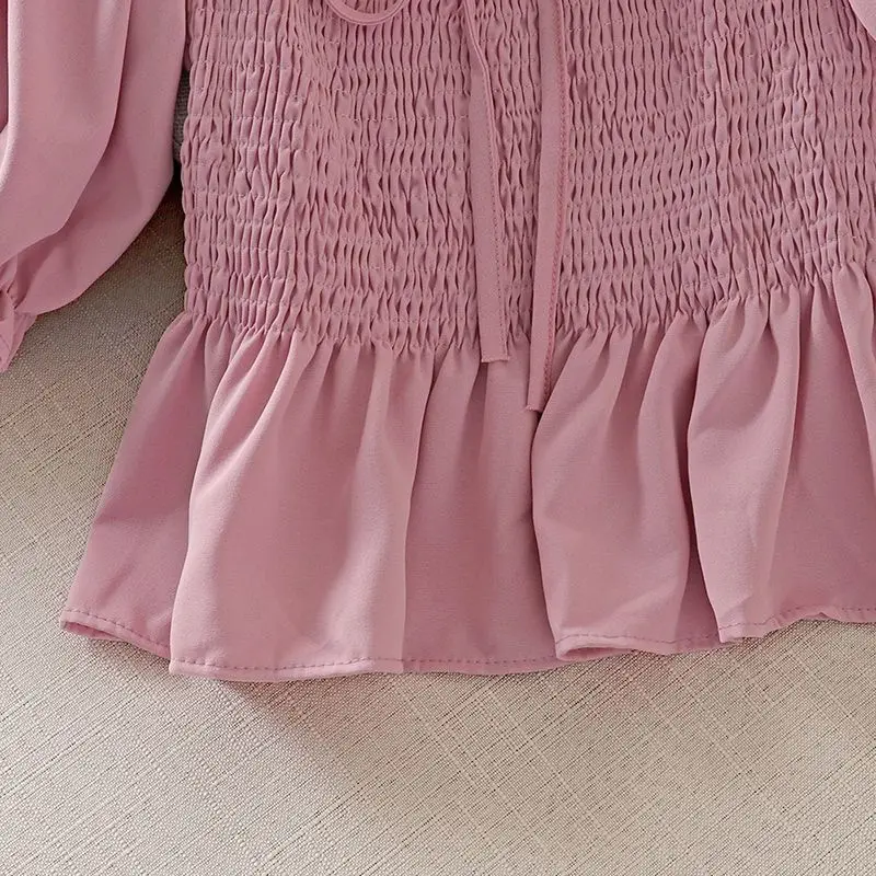 

Korean Ruffle Collar Flared Sleeve Women's Short Chiffon Shirt + High Waist Wide Leg Pants Two Piece Set