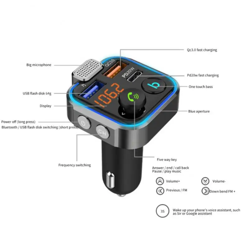 

FM-трансмиттер автомобильный с 2 USB-портами и поддержкой Bluetooth 5,0, 20 Вт