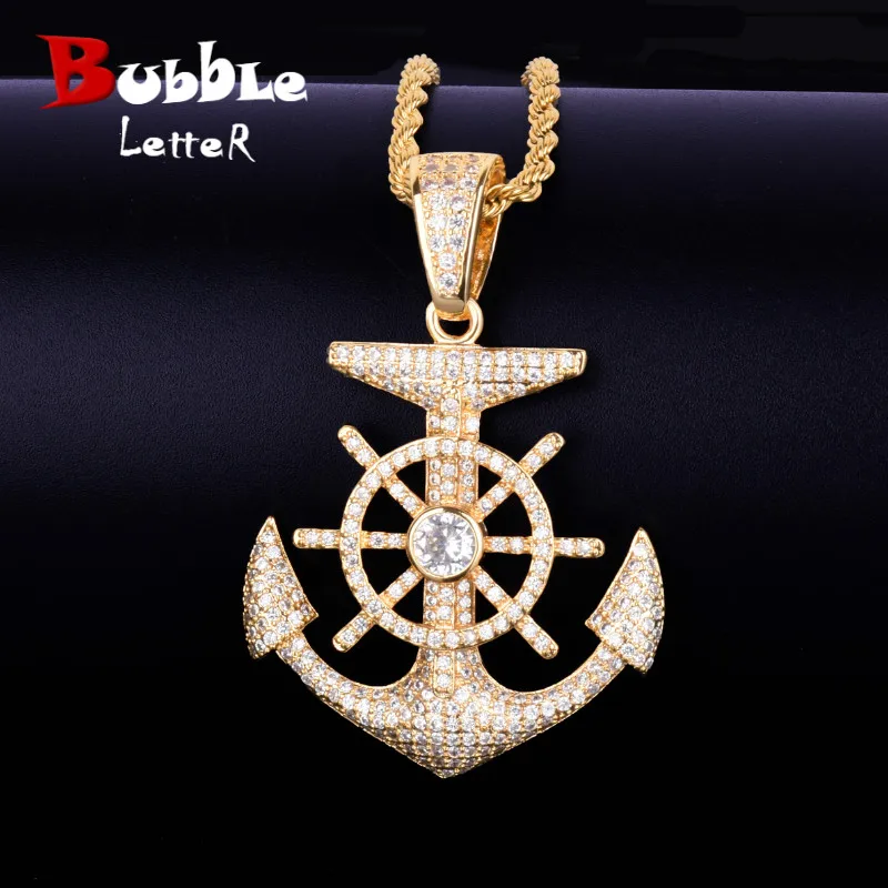 

Gold Color Anchor shape Pendant Necklace Charm with Tennis Chain Ice Cubic Zircon Men's Hip hop Rock Jewelry