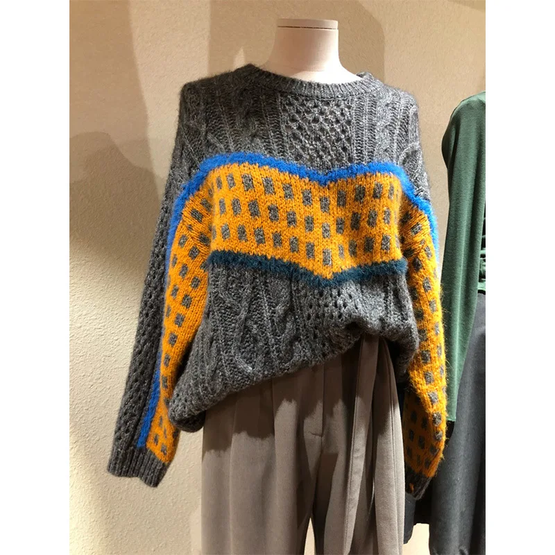 

VANOVICH Korea's Autumn and Winter New Color Matching Loose Hollow Loose Cute Pullover Knitted Sweater Women