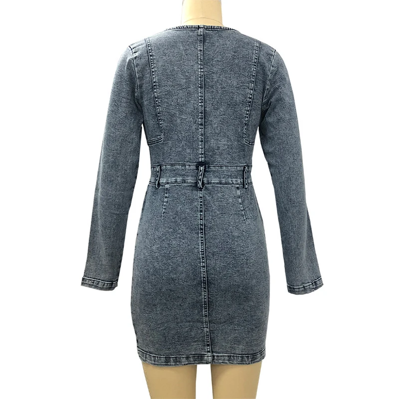 

Women Slim O-neck Denim Dresses Long Sleeves Mini Jean Dress Spring Autumn Vestidos Sexy Casual Zipper Pockets Party 2021 Dress