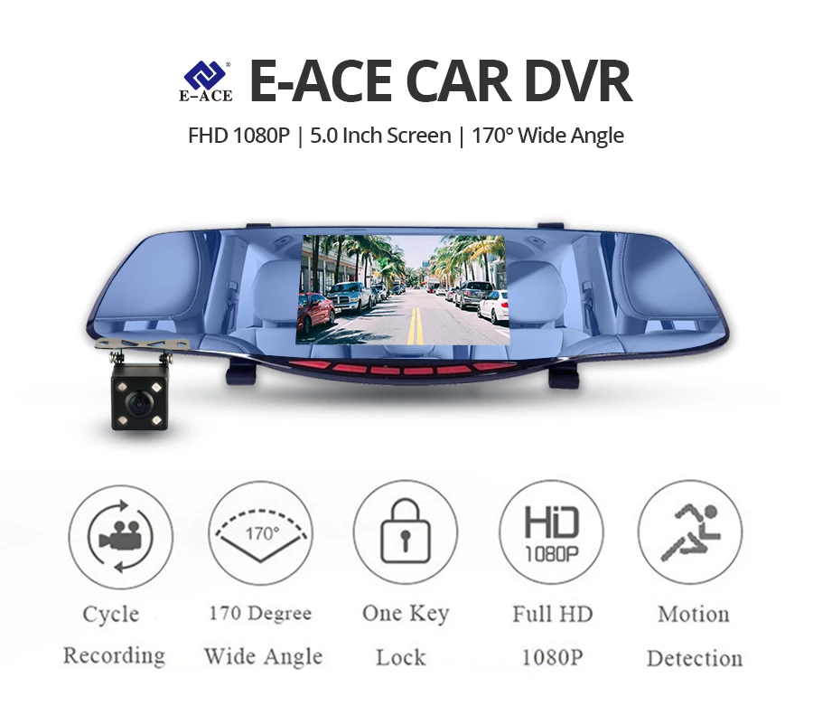 E-ACE A27 5,0 дюймов автомобильная видеокамера 1080P FHD Регистратор Автомобильный видеорегистратор Передняя и зеркало задней камеры Dvr Автомобильная видеорегистратор