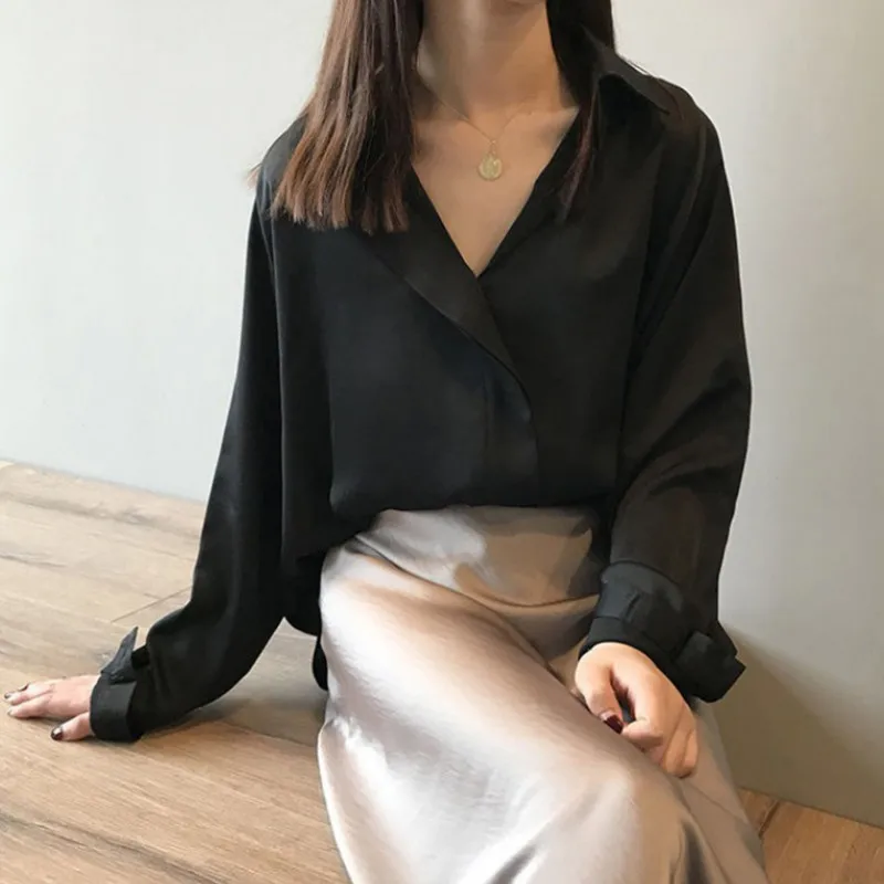 

Women's Shirt Korean V-neck Solid Color Loose Lazy Style Long Sleeve Shirt 2020