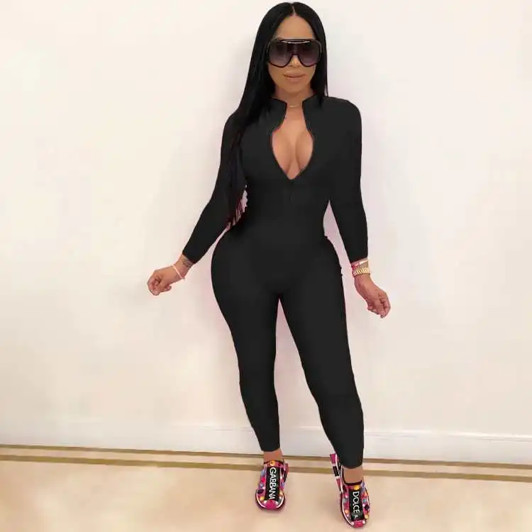 

Casual Solid Workout Rompers Womens Jumpsuit Deep V Neck Long Sleeve Skinny Bodysuit Streetwear Front Zipper Fitness Club Outfit