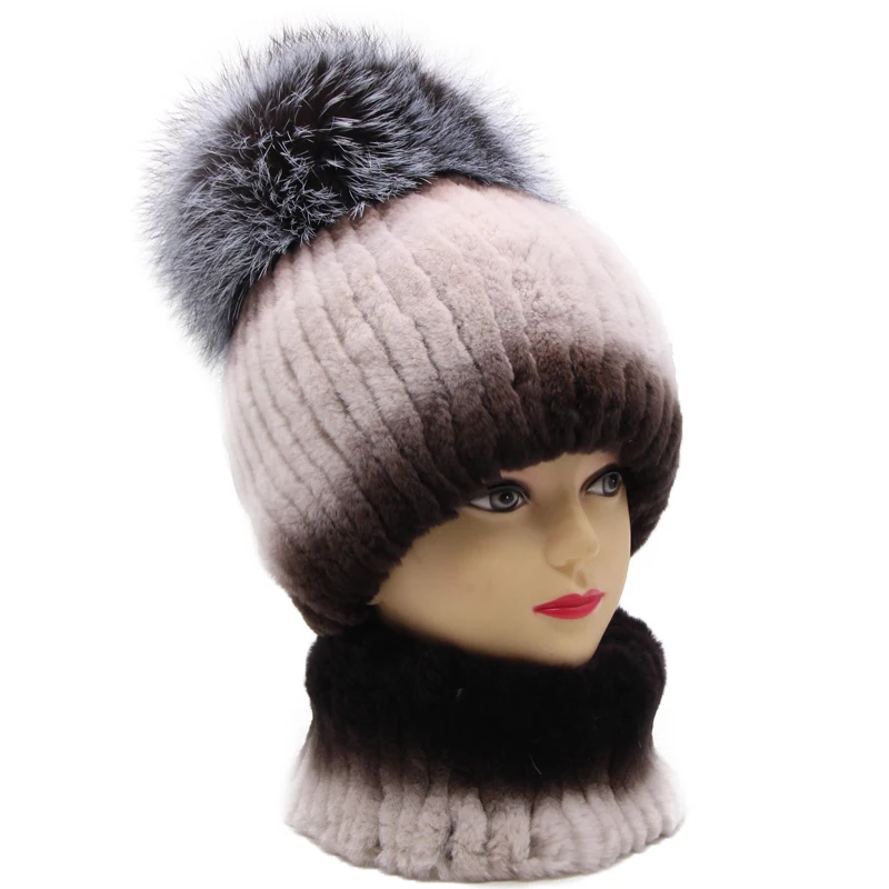 Rex rabbit fur hat female winter fox fur ball thick warm knitted earmuff wool cap