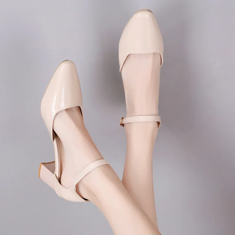 Туфли лодочки женские на толстом каблуке 5 см ремешок щиколотке квадратный носок