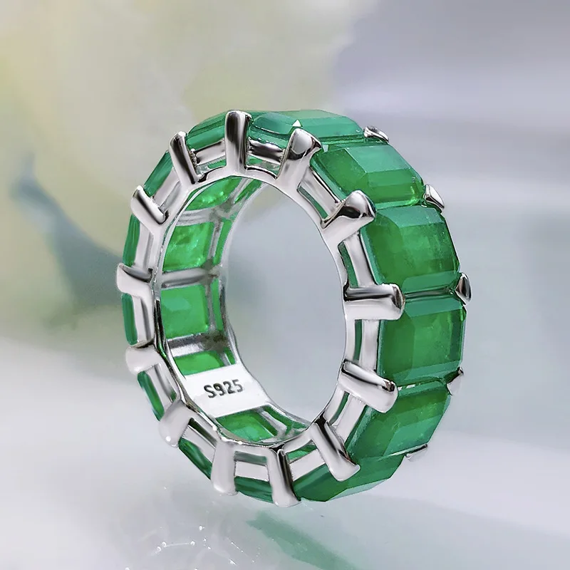 

Trendy 18K White Gold 5*7mm Synthesis Emerald Eternity Band Rings for Women 925 Sterling Silver Emerald Love Engagement Ring
