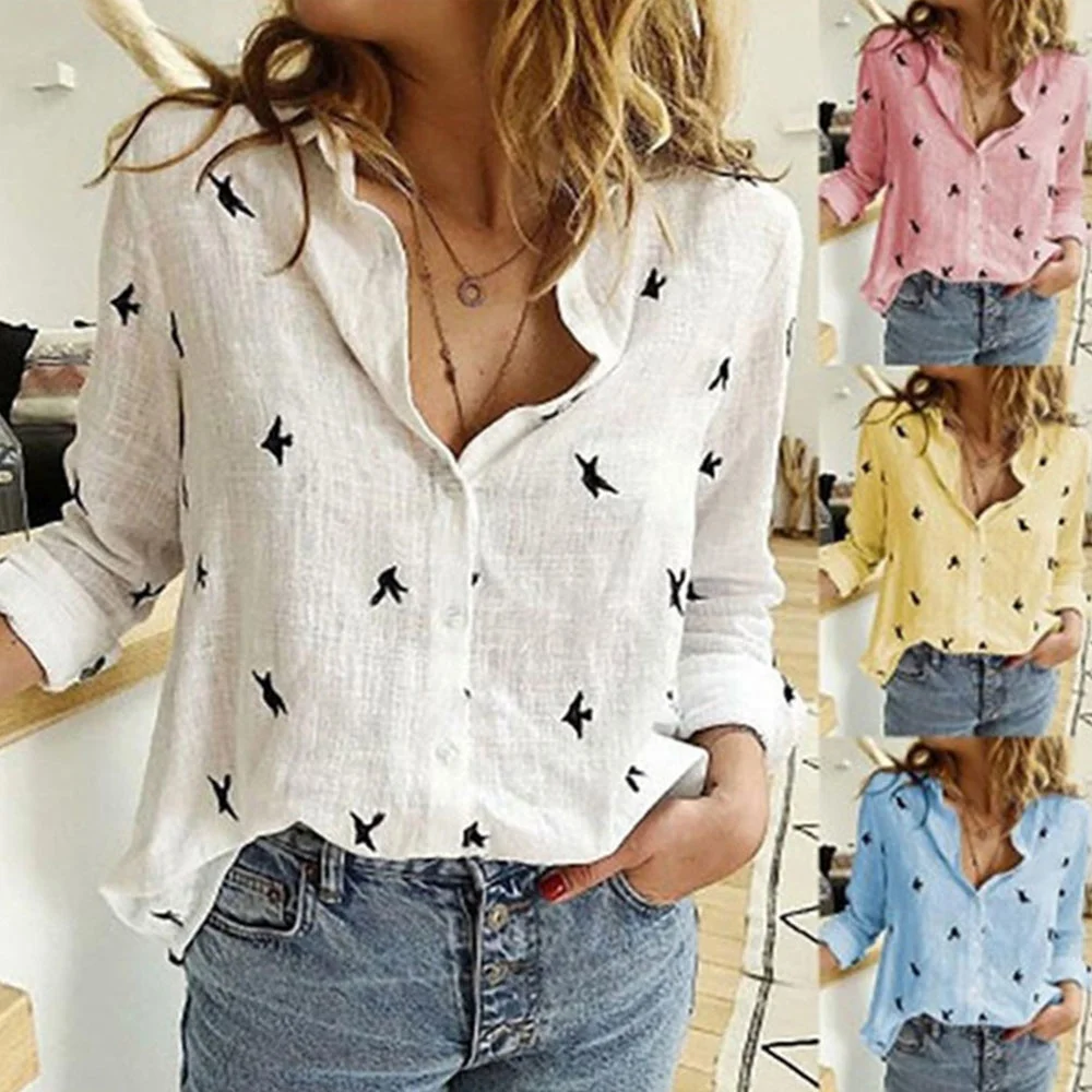 

Casual Long Sleeve Birds Print Loose Shirts Women Cotton and Linen Blouses and Tops Vintage Streetwear Plus Size 5XL Tunic