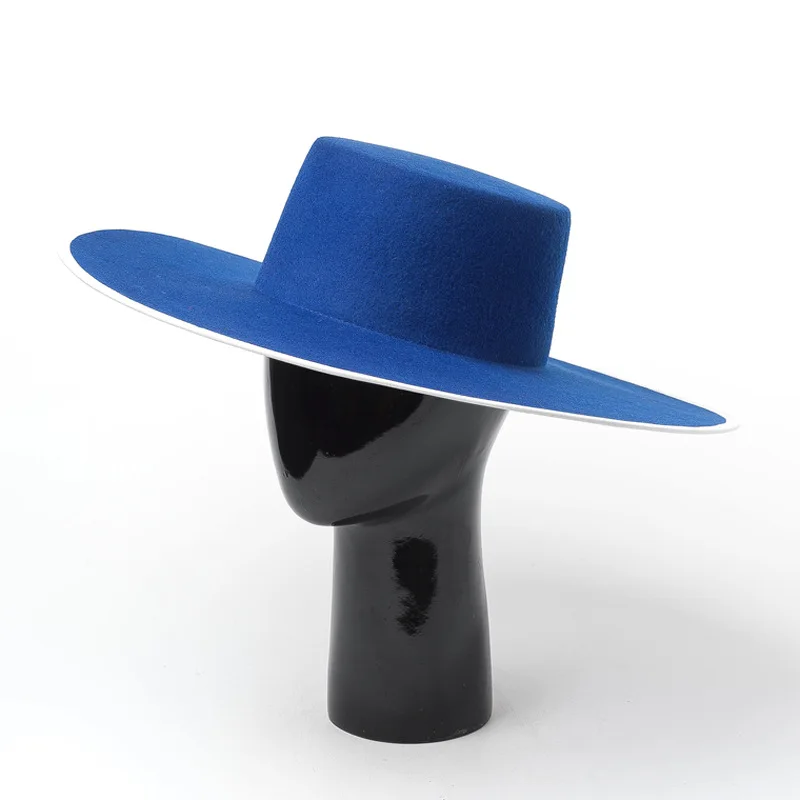 Neue Blau Echt Wolle Flache Fedora Hut Männer Wome einfarbig Große Breite Krempe Fühlte Hut Derby Party Kirche Hut einstellbare Panama Jazz Hut – Detail 4