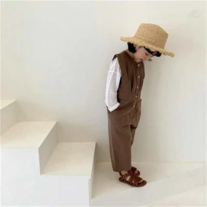 

2021 hot summer baby linen texture waist pocket one-piece fashion tooling in stock toddler clothes overalls