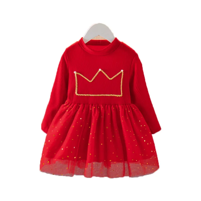 

Girls Crown Korean Knit Long Sleeve Mesh Princess Dress Toddler Girl Fall Clothes Flower Girl Dresses Korean Baby Clothes