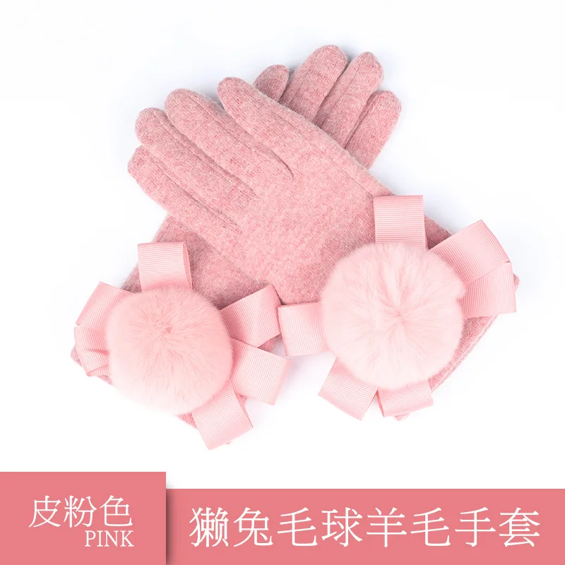 

Ladies wool gloves new cute cashmere plus velvet warm touch screen gloves autumn and winter riding rex rabbit fur ball gloves