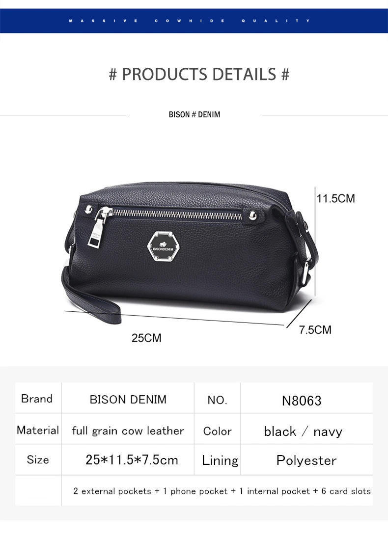 BISON DENIM Cowskin Кожаный клатч для мужчин из натуральной кожи Длинный карман бумажник на молнии дизайнерский мягкий брендовый мужской кошелек N8063