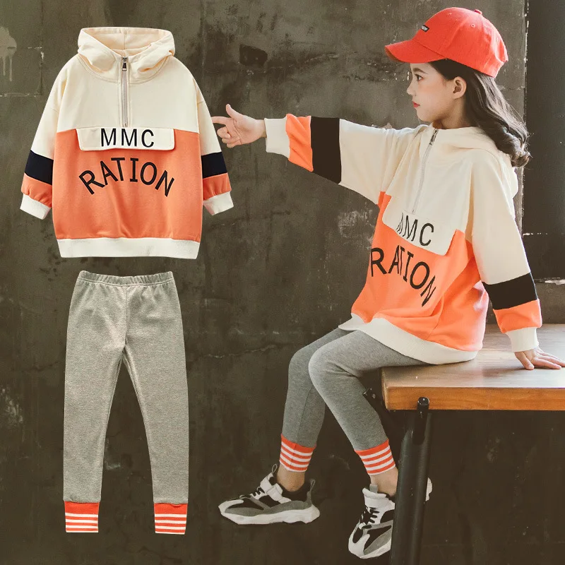 

Модная толстовка с капюшоном и штаны для девочек, комплект одежды, осенне-зимняя толстовка с капюшоном и леггинсы, уличная одежда большого р...