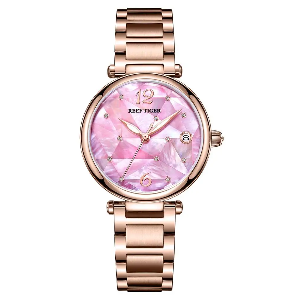 Reef Tiger/ RT Pink Dial Rose Gold Luxury Fashion Diamond Women Watches Stainless Steel Bracelet Mechanical Watch RGA1584 enlarge