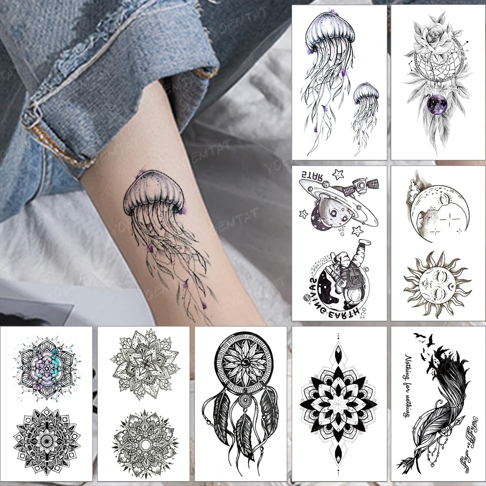 

Водостойкая временная татуировка наклейка морская Медуза флэш-тату Солнце Луна и Вселенная на запястье поддельные татуировки для боди-арт...
