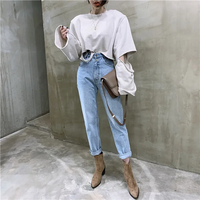 

QRWR 2021 Fashion New Spring Autumn Vintage High Waist Straight Jeans for Women Buttons Zipper Ladies Loose Blue Jeans woman