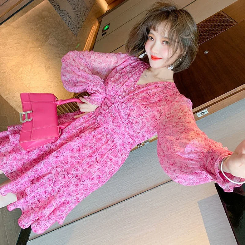 

Miuco button Lantern Sleeve pleated high waist thin lotus leaf print V-neck mid length dress women's 2021