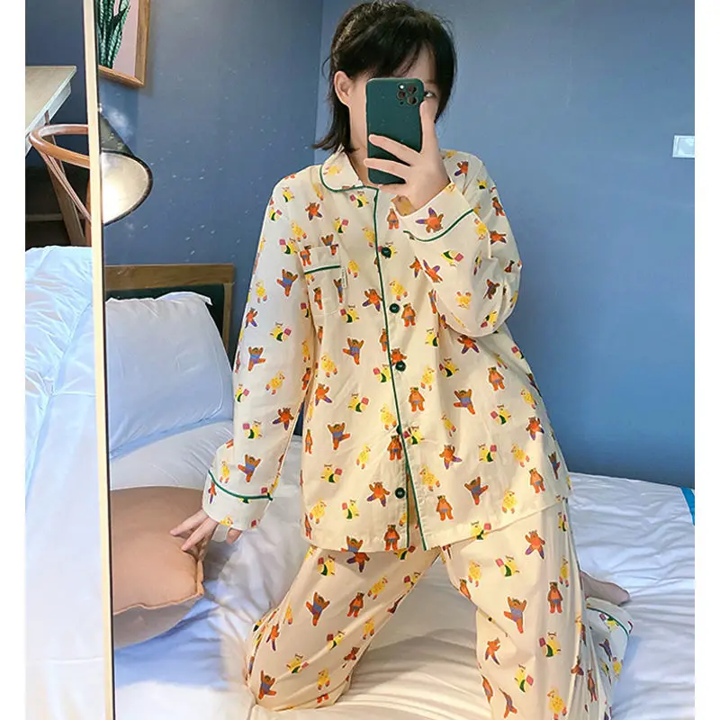 QWEEK Kawaii Pajamas Two Piece Set Spring Autumn Teen Girls Sleepwear Bear Pijamas Loungewear Bedroom Set Pyjamas Nightwear Cute