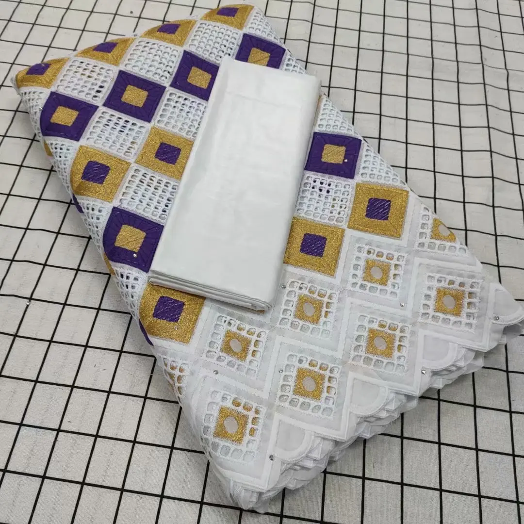 

White And Purple African Dry Lace whit Bazin Riche Cotton Embroidered Swiss Voile Lace Flower Pattern 2.5y+2.5yards TY420-5
