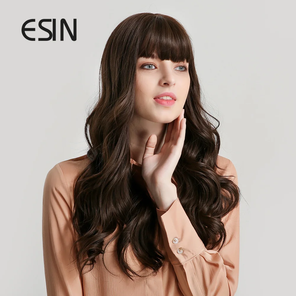 ESIN черные длинные волнистые парики с челкой для вечерние натуральный