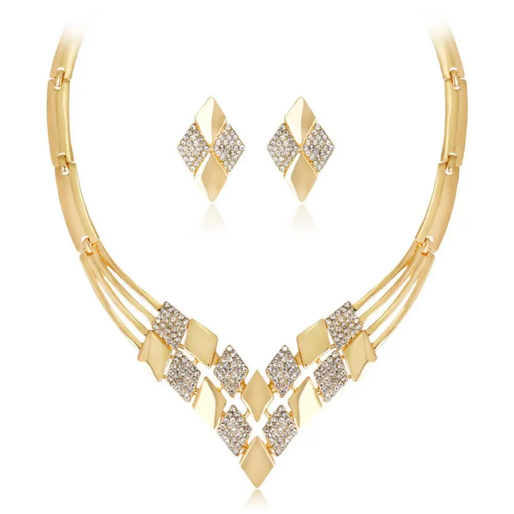 

Women KC Gold Plated Rhombus Shape Necklace Earrings Rhinestones Jewelry Set