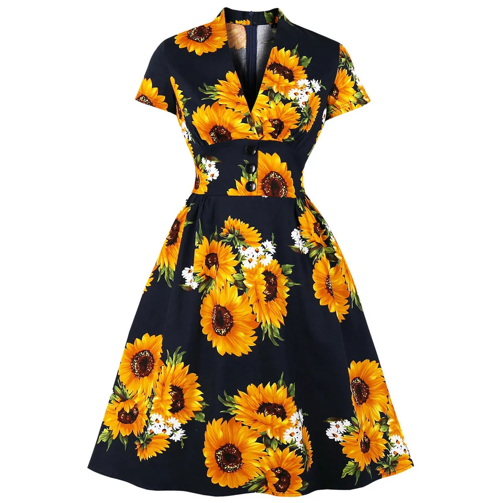 

2021 Women Sunflower Print 50s 60s Vintage Dress Ladies Sexy V Neck Button Pocket Party Robe Rockabilly Swing Plus Size Dresses