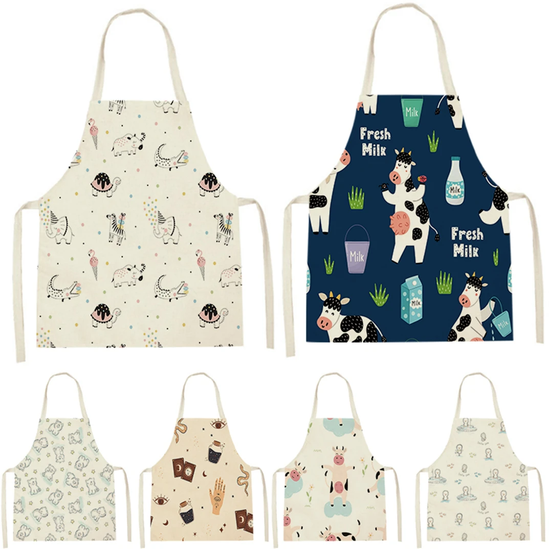 

Animal Style Apron Household Cleaning Pinafore Apron Women Cartoon Pattern Sleeveless Cotton Aprons Cattle Printing Custom Bib