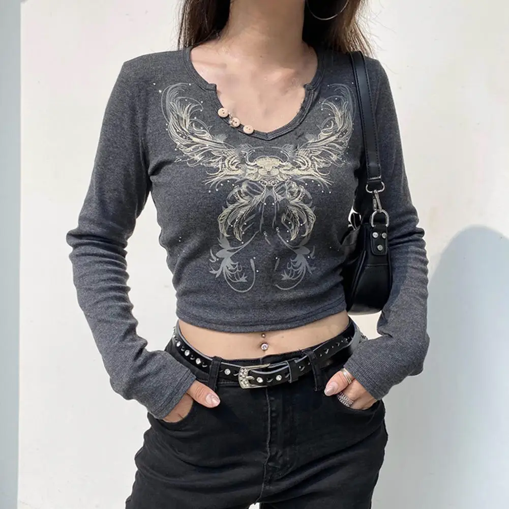 

Charming Women Top 2022 Easy Match Cotton Blend Graphic Printed V Neck Midriff T-shirt for Daily