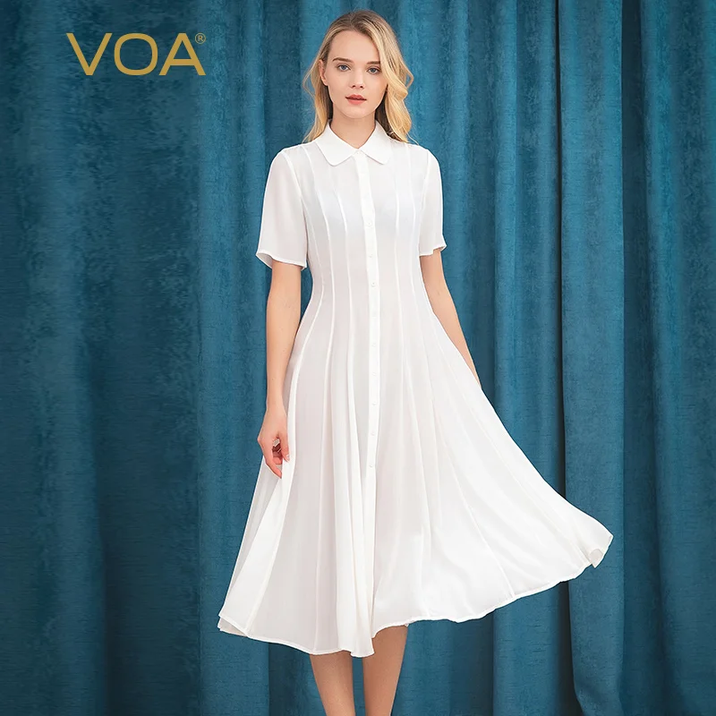 VOA 100% шелковое длинное платье для женщин базовая летняя рубашка платья с коротким