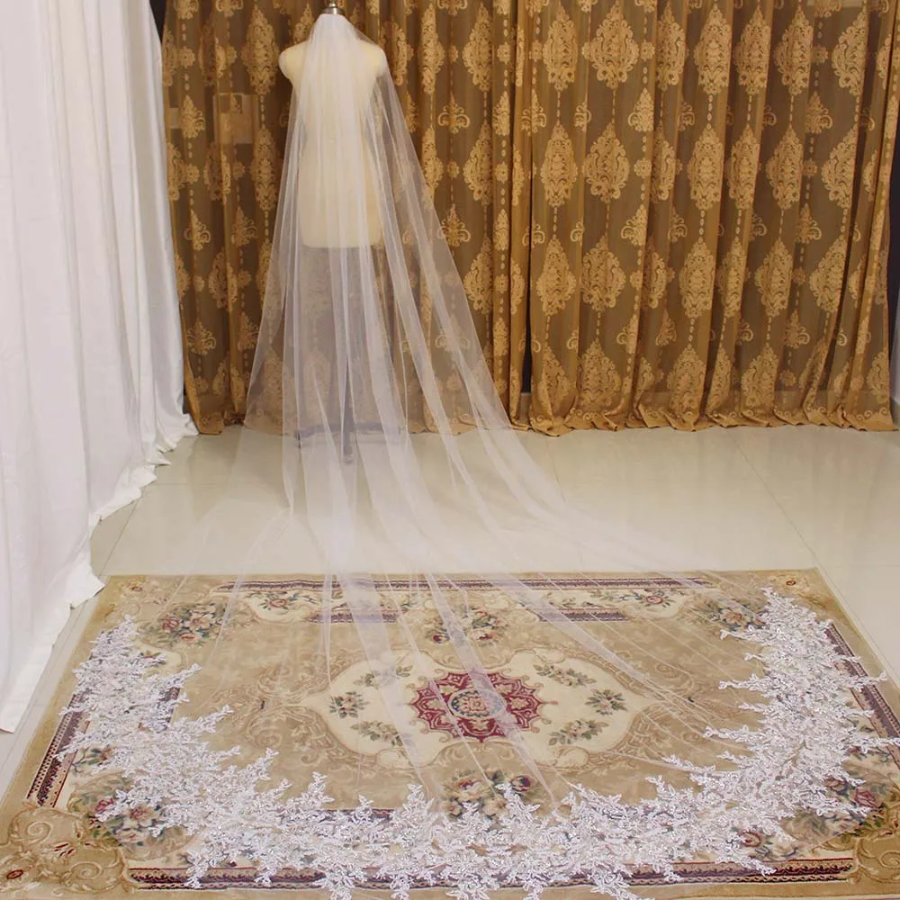 Сверкающая Кружевная аппликация свадебная вуаль длиной 3 метра однослойная Фата