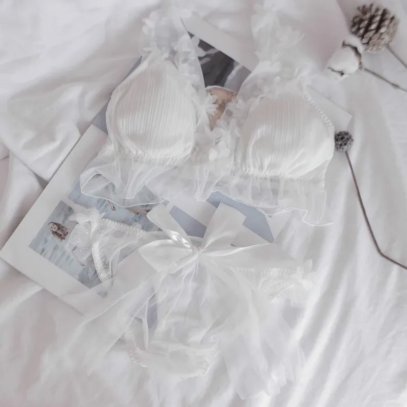 

New Dream Flower Marriage Bride Women's Japanese Lace Bra & Panties Set Girl Student No Steel Ring Pure White Girl Bra Set