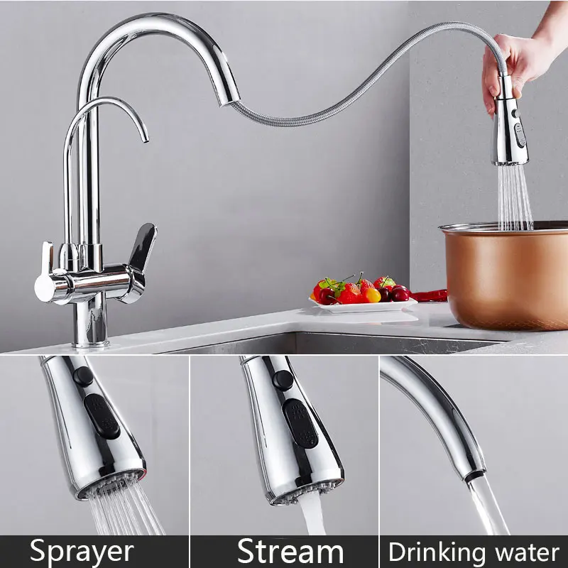 Filtered Crane For Kitchen Matte Black Pull Out Spray 360 Rotation Water Filter Tap Three Ways Sink Mixer Faucet | Обустройство дома