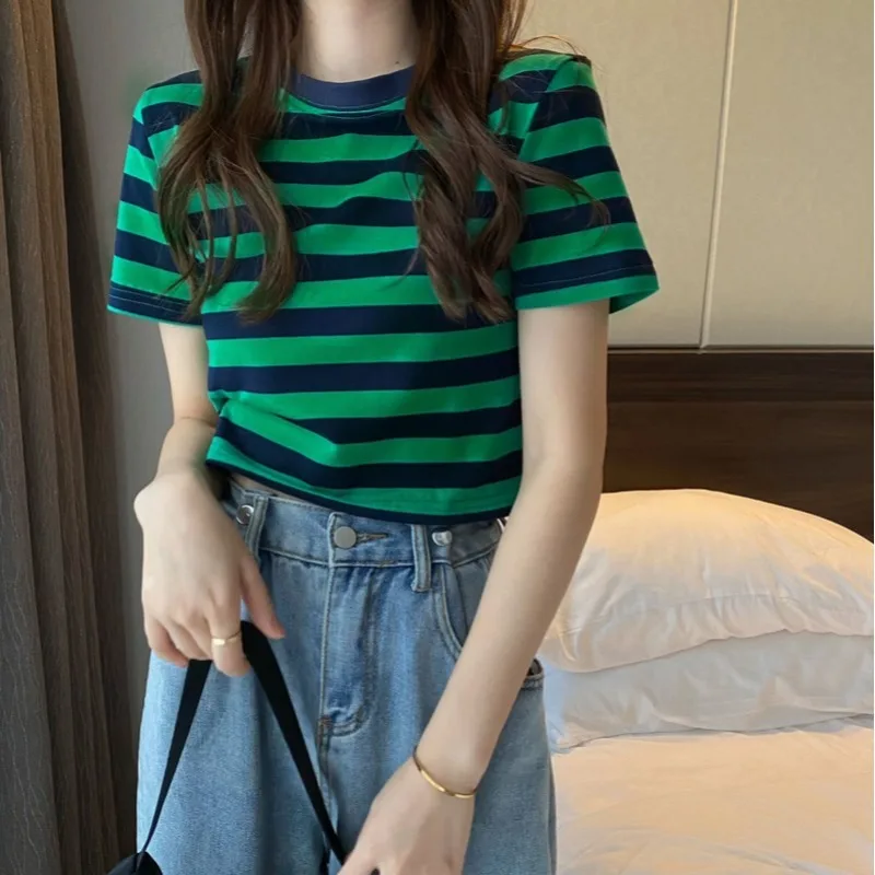 

Top Woman T-shirts Summer han edition stripe joker design feeling small tall waist short sleeve short jacket female