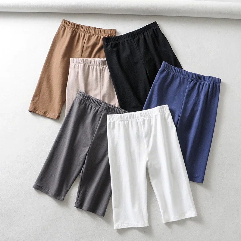 

sexy women cotton high waist elastic pure color slim Knee-Length bike shorts female 2021