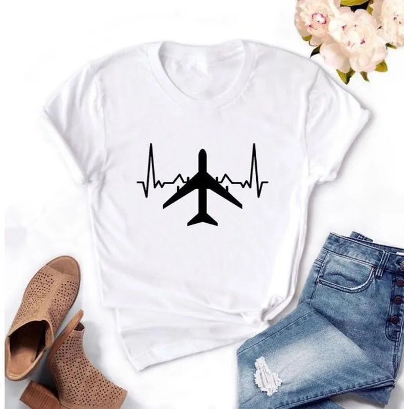 

Airplane Heartbeat Print Junior T-shirts Pattern Casual Pure Cotton Tees Men's Round Neck White Lady New Alternative Top