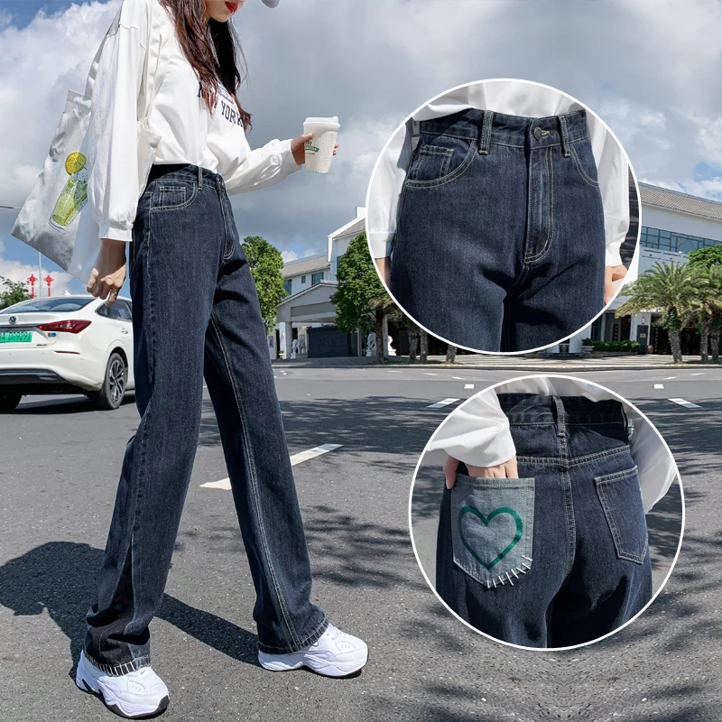 

New Autumn And Winter Ins Navy Blue Stitching Wide-Leg Jeans Women's Large Size Loose High Waist Contrast Color Straight Jeans