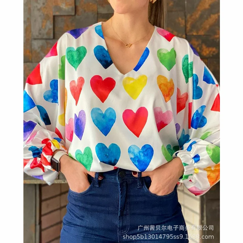 

Mandylandy Women's Elegant Heart Print Shirt Top Lady Autumn Sexy Fashion Long Lantern Sleeve V Neck Loose T-shirt Blouse