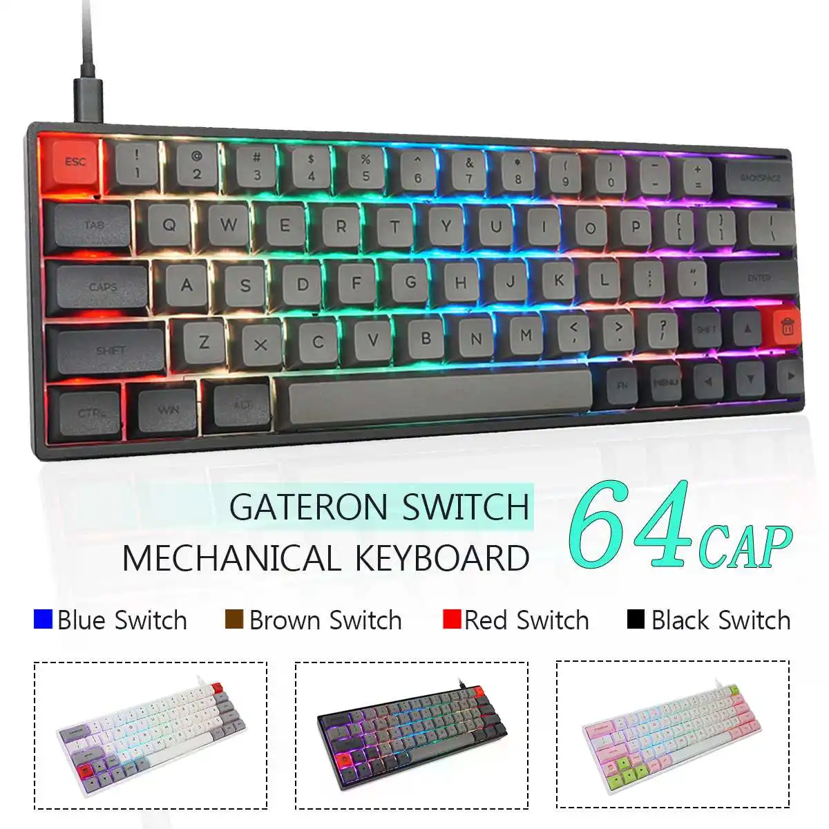    SK64S  RGB-,   NKRO bluetooth5.1 Type-C PBT, Gateron,    ,