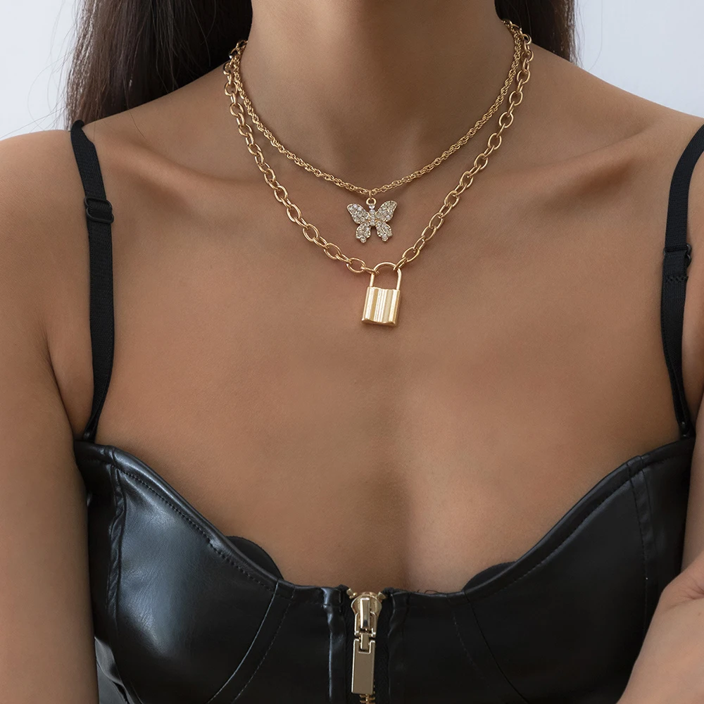 

Punk Layered Lock Butterfly Pendant Necklace Retro Statement Rhinestone Gold Color Choker Rope Chain Necklace Women Jewelry