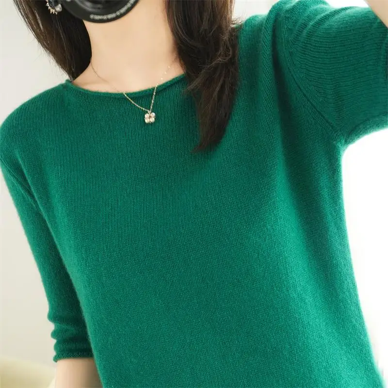 

Женский кашемировый свитер, вязаный пуловер с коротким рукавом и круглым вырезом, свободный свитер в Корейском стиле, весна-осень