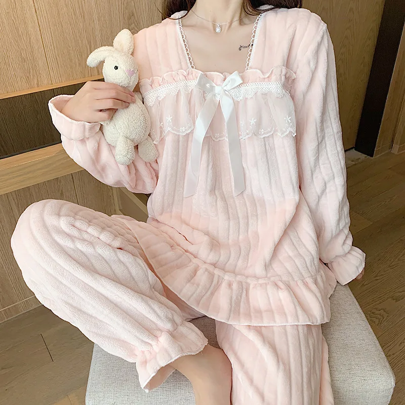 

Winter Women Sleepwear Pajamas Suit Thick Flannel Pajamas Set Pyjama Pour Femme Sweet Long Sleeve Trouser Suits Pink Homewear