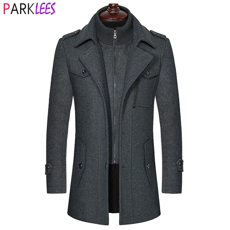 Имитация двух предметов черный шерстяной Тренч мужской 2021 зимнее утепленное