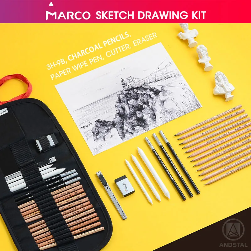 

Andstal Marco 21pcs Professional Sketch Drawing Curtain Set with Black Pencils Charcoal Pencils art tool kit Graphite Pencils