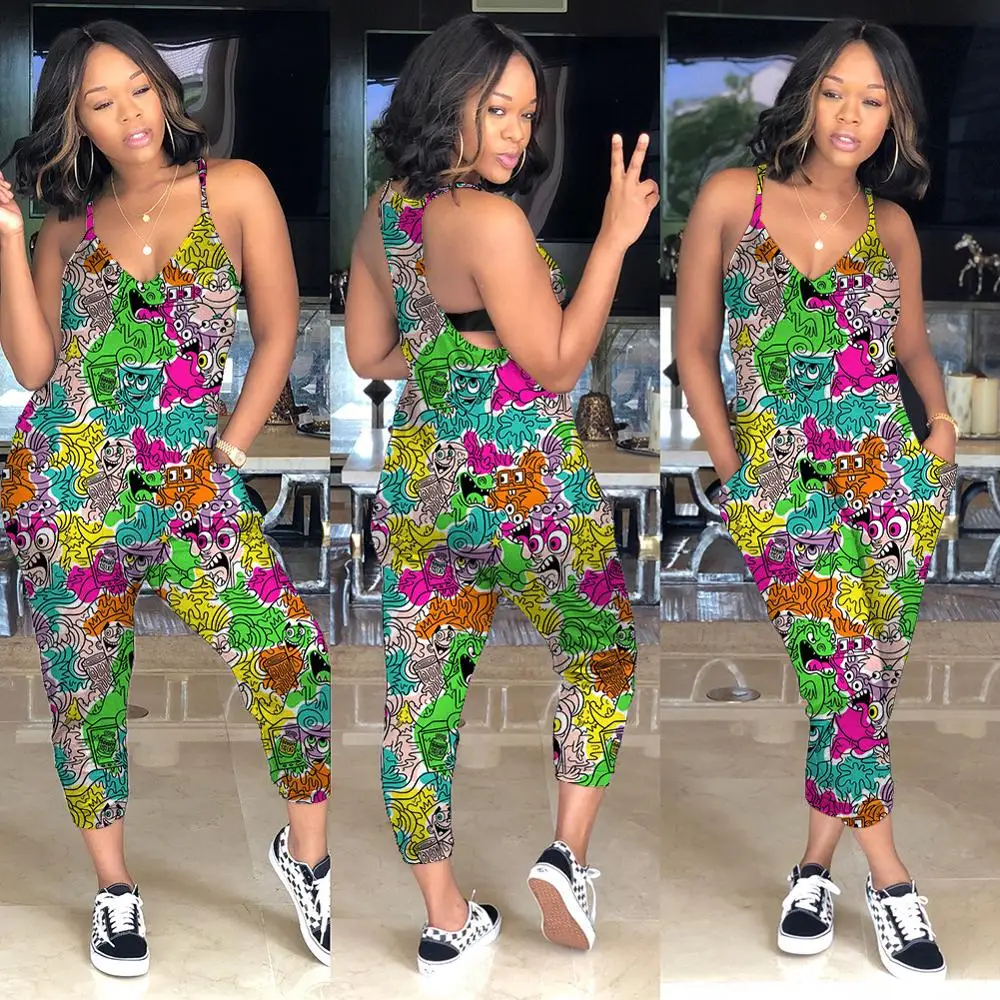 

Sexy Women Ladies Sleeveless Strap Funny Print Jumpsuit Rompers Bodycon Slim Backless Jumpsuit Summer Casual Rompers Trousers