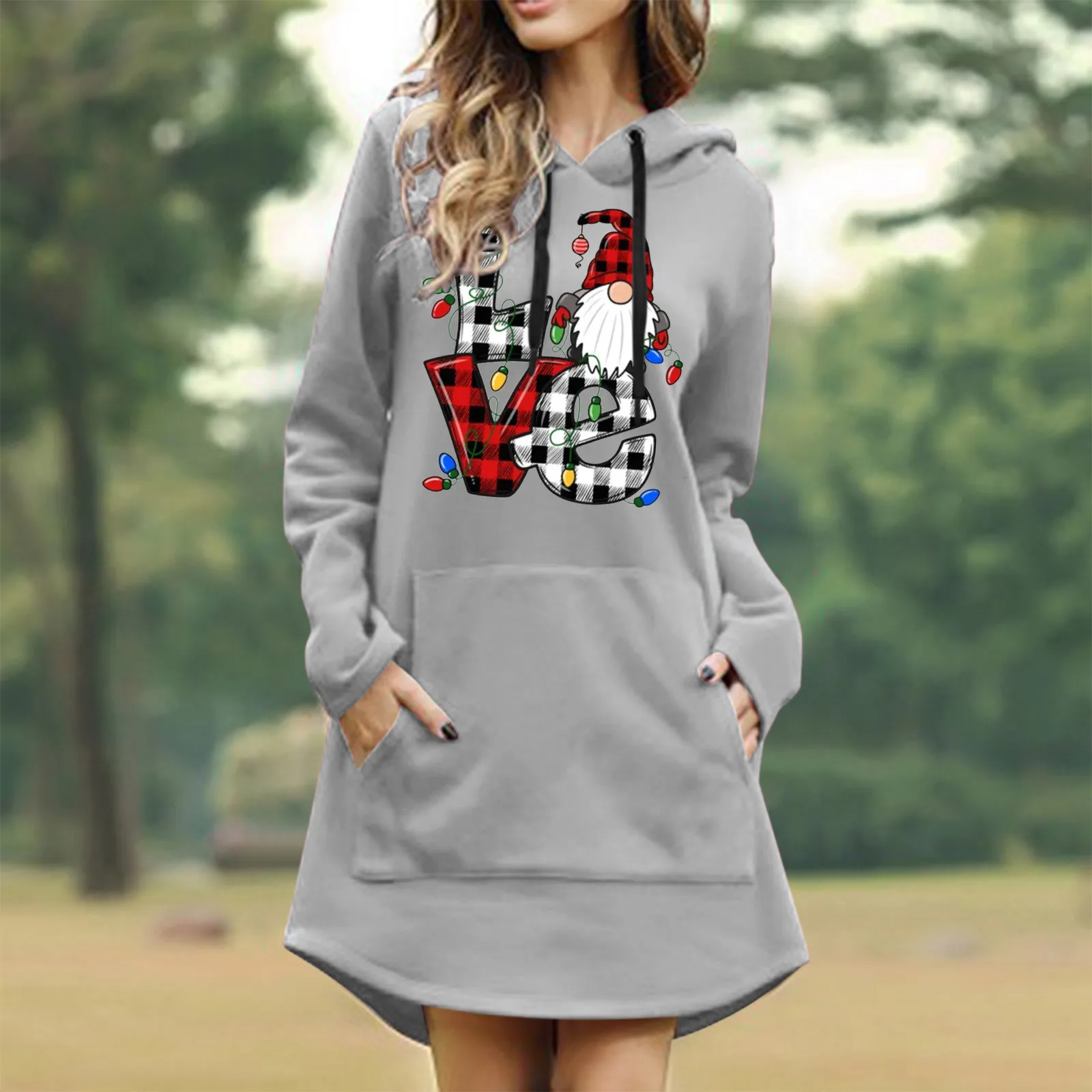 

Свитшот женский оверсайз, Повседневный пуловер с рождественским принтом, топ с капюшоном и карманами, платье с длинным рукавом, свитшот с ка...