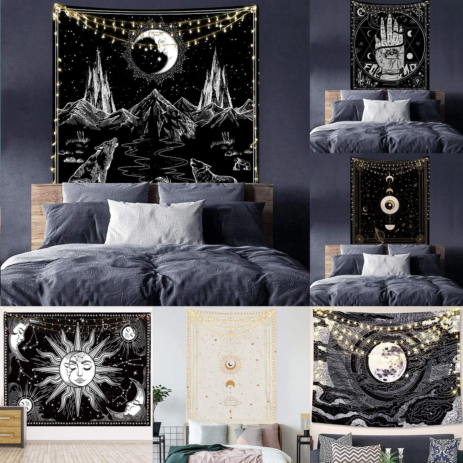 

Psychedelic Face Tapestry Skull Wall Hanging Bohemian Wall Tapestry Wall Art Decoratio Moon Phase Mystic Occult Astrology Carpet