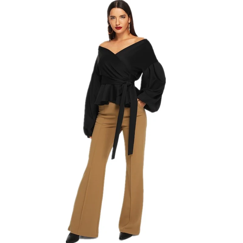 Женская офисная блузка с поясом элегантная белая однотонная рукавами фонариками